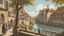 Placeholder: medieval buildings, balconies overhanging a river, blue sky and people, photorealism, trees, foliage, piers,