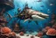Placeholder: very detailed underwater scene steampunk shark swimming on coral reef and galleon destroyed background, bubbles and fishes