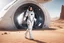 Placeholder: photorealistic slim woman ina spacesuit with dark hair and white boots in a heroic pose at the entrance to a spaceship in the desert