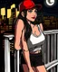 Placeholder: woman with a red baseball hat. leaning on a wooden balcony. night time. fantasy. cartoon. studio lightining.