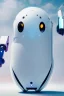 Placeholder: cute minimalistic robot with a big head, egg body, no fingers, digital similing face with pixeled eyes, super happy, white skin, small and plain simple, no buttons, 3/4 angled pose, awesome pose, background white background, oil painting