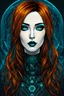 Placeholder: Create a wild, imaginative, full body, cybernetics enhanced, auburn haired goth girl with highly detailed facial features, in the vector graphic style of Nirak1,Christopher Lee, and Cristiano Siqueira, vibrant colors, sharply defined, 2d vector