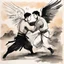 Placeholder: [traditional Chinese brush, expressive line, ink washes] Jacob wrestling with angel