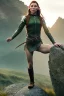 Placeholder: Tauriel standing on a rock, by Cedric Peyravernay, complete full body in frame, delicate traits, symmetric eyes, every part of the body represented in the frame, intricately detailed image, volumetric lighting