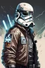 Placeholder: High Quality Science Fiction Character Portrait of an bounty hunter with bleached Hair in a Bomber Jacket. Illustrated in the Style of the Archer Tv Series. Wearing a Storm Trooper helmet.