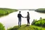 Placeholder: An image of two people exchanging criticism in a constructive and respectful manner, standing on a hill with a lake behind them