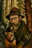 Placeholder: Portrait eines Zwerg-Rehpinschers im Wald im Stile von Franz Marc. Überwieden in Wald- und Erdtönen gehalten. Außer der Hund. Der ist schwarz.