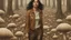 Placeholder: woman with black hair, in light brown leather trousers and jacket, walking through a forest of Alien mushrooms with jellyfish tentacles, photorealistic, Deep Colour, Intricate Detail, Dune