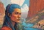 Placeholder: create an portrait of a nomadic adventuress with highly detailed, delicate feminine facial features, inhabiting an ethereal tropical canyon land in the comic book style of Jean Giraud Moebius, David Hoskins, and Enki Bilal, precisely drawn, boldly inked, with vibrant colors