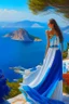 Placeholder: A tall, slender and very beautiful girl who looks at me. Her dress is of amazing colors, from blue to white.in the background is the Greek island of Samos.