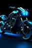 Placeholder: The design of a black motorcycle has blue lighting embossed with white gold