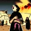 Placeholder: A Palestinian woman wearing the Palestinian dress carries her dead son as she screams and cries at night, with explosions in refugee tents behind her.