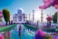 Placeholder: cascade,a magical crystal blue gold taj mahal,flower parc bougainvillier, blue lake,sun,white swanns,pink vertical, blue lake,sharp, vines, candlelit, endor, ornate, elegant, highly detailed, artstation, concept art, smooth, sharp focus, illustration, 8k, splash art, wallpaper, key visual