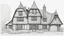 Placeholder: A front elevation fine line drawing of a fantasy Tudor farmhouse.