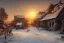 Placeholder: highly detailed small village scene, sunset, illustration, background snowy mountains, cinematic lighting, 4k, 8k, octane render, digital concept art, trending on artstation, pinterest, extremely detailed, ambient lighting.