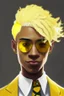 Placeholder: Realistic young man with fluffy yellow hair, big black eyes, yellow freckles, small black earrings, smirk, light brown skin, yellow tuxedo, yellow star sunglasses on head