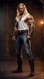 Placeholder: handsome warrior king, muscular, long blonde hair, male age 30, wearing jeans and a white shirt, tan skin, tattoos,photorealistic 4k dark fantasy