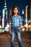 Placeholder: Little 8 years old 1girl wearing a pretty shirt and jean pant, standing pose,modern city ,night view