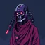 Placeholder: 8 bit pixelart of a terminator like robot, synthwave colored, vaporware, budist monk robe