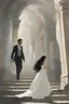 Placeholder: Woman with white hair wearing a white dress, walking down a sunlit stone hall, AND a handsome man in the background lurking in the shadows with long black hair