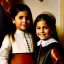 Placeholder: portrait of sisters Eira Santiago Arnau 10 year old and Dalia Santiago Arnau 6 year old by Velazquez,smiling, oil on canvas, cinematic composition, extreme detail,8k,fit full head inside picture,