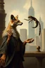 Placeholder: aardwolf man snake spider juggling, painting by Rembrandt, with motion blur city background, and volume light fog with sunlight rays