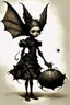 Placeholder: Artist Jean-Baptiste Monge style. A humanoid biomechanical Black bat-flower headed Baby with white eyes and a black dress. Modifiers: award winning crisp quality very cute