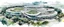 Placeholder: Create a slightly abstract aerial illustration with panoramic technical architectural drawings of a very big building in silicon valley , primarily in black, raw collage artwork, offwhite background color, green garden , blue sky, in deep watercolor strokes over low poly clouds