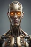 Placeholder: photorealistic, anatomically, physically correct full-length male body of an future AI cyborg. The face representing the horror and beauty of future technology. The AI's cyborg golden glowing eyes somehow represent eyes like one of a human . The body features futuristic, intricate futuristic designs all across the robots body. Front view.