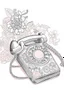 Placeholder: A delicate, floral-patterned phone with a curved receiver rests on a lace doily. A handwritten note with a heart drawn on it lies beside it. Style: Art Nouveau, Mood: Romantic, Lighting: Soft, diffused light with a warm pink hue, T-shirt design graphic, vector, contour, white background.