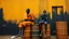 Placeholder: minimalist acrylic impasto painting of two skinny tall young black Somali neighbors sitting on rusty oil barrels drinking steaming coffee, wide angle, dynamic crude brush strokes, dusty yellow heat mood, peaceful vibe, tribal vibe, amazing reflections, amazing verticals, great parallels, warm shades of yellow, orange, green and black with sparse deep red leaks, afrofuturism, vibrant nighthawk people on a black wall, rusty village decay, arafed doors