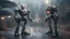 Placeholder: Captivating Climaxes - Crafting Powerful Endings have a couple robots fighting in the rain and lighting