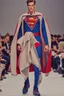 Placeholder: A guy on a fashion runway with superman clothes style embroidery without cape