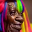 Placeholder: masterpiece, best quality, old woman, dark skinned, sparkling eyes, fluorescent skin, colorful makeup, afro, head shot, highly detailed body, sun light, 4K, RAW, depth of field, high contrast, realistic details, 24mm