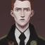 Placeholder: general hux 3/4 view, wearing a black First Order uniform, serious, imposing figure, thick eyebrows, digital art, wearing a black First Order uniform, green eyes, gray background, sepia filter