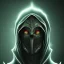 Placeholder: A portrait of a man with glowing green eyes wearing a big black hood and dark clothes