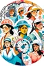 Placeholder: Illustration of some happy and very veiled and modern women who we see from a far distance and some painters with palet and doctors wiht stethoscope are some engineers wiht Engineering hat and they have formed a spiral composition.be veiled