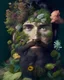 Placeholder: A close-up portrait of a man with a beard made of living plants, flowers, and moss, representing the harmonious connection between humans and nature.