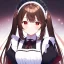 Placeholder: Clear focus, High resolution, Rough line, cute, anime style, red eyes, sparkling eyes, brown hair, red eyes, wearing a maid outfit, long twin tails, long bangs,choppy long bangs