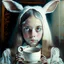 Placeholder: #Leonardoai Alice , photorealistic ,pop surreal , lowbrow art , enchanting portrait of a cute little girl , wearing rabbit ears , and drinking tea , together with a white rabbit , sweet , magical , cosy warm light , whimsical, alluring , dazzling ,, expressive