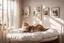 Placeholder: Lifelike cat-shaped bed with a cat lying on it in an elegant bedroom, bedside table, window, pictures on the walls in sunlight.