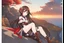 Placeholder: woman with long brown hair, red eyes, pale skin, highly detailed, intricate background, intricate face, sitting on a cliff during sunset, contemplative, anime style, Genshin Impact inspired, wears a Genshin Impact, pyro vision bracelet, dynamic composition