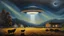 Placeholder: Oil painting of a UFO abducting a cow from a farm at night