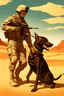 Placeholder: A soldier dog dressed in military combat uniform fighting another soldier dog in the hot desert landscape, digital illustration portrait, dog's face is snarling, aggressive, angry, Craig Miller , futuristic, pulp fiction graphic novel style, hyperrealism, photorealism