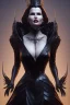 Placeholder: Geena Davis as evil queen in black leather gown, evil, busty, cleavage, curvy, angry, stern look. character design by cory loftis, fenghua zhong, ryohei hase, ismail inceoglu and ruan jia. unreal engine 5, artistic lighting, highly detailed, photorealistic, fantasy