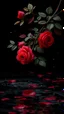 Placeholder: The image is a digital artwork that depicts a branch of tree of Red roses and leaves tangling in to a water in the river with aThe rose floats on the surface of the water, creating a wave-like effect. The background is black, which makes a branch of a tree of red roses stand out even more. Water droplets are scattered adding to the dreamy, ethereal quality of the image.all leaves and background are red
