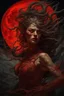 Placeholder: A dramatic digital painting portraying a warrior-girl and horror monster under the Red Moon, veins pulsing, claws of temptation visible, soul in turmoil. In the style of Salvador Dali and Van Gogh , vivid colors, swirling brushstrokes, highly detailed, 8k resolution, surrealistic., juicy emotions, painting, gloomy fantasy, gloomy day, dark world, portrait, oil and graphite, wide strokes, a weaving frame around, by Ryohei Hase, Agnes Cecile, Raymond Swanland, Anne Bachelier