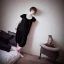 Placeholder: Realistic photo Russian shorthair beautiful 20-years tomboy boyish boylike young wife wide hips in bedroom black nightgown