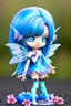 Placeholder: cute happy fairy girl with rounded blue eyes, big long silver hair, and with tiny black fluffy kitty sitting in her five fingers hands, chibi 3d anime character, detailed, fantasy style, nice picture in the big meadow with pale colors flowers