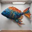 Placeholder: Picture a 3D fish silhouette about 10 feet long and 6 feet high, suspended in the air. The frame has several horizontal ribs, which are covered with overlapping textile pieces in bright blues, oranges, and greens, featuring intricate patterns and textures reminiscent of fish scales. Imagine the scales gently rising and falling in a wave-like pattern. As viewers move around the installation, they see different parts of the sculpture come to life with subtle movements. Soft blue and green lights c